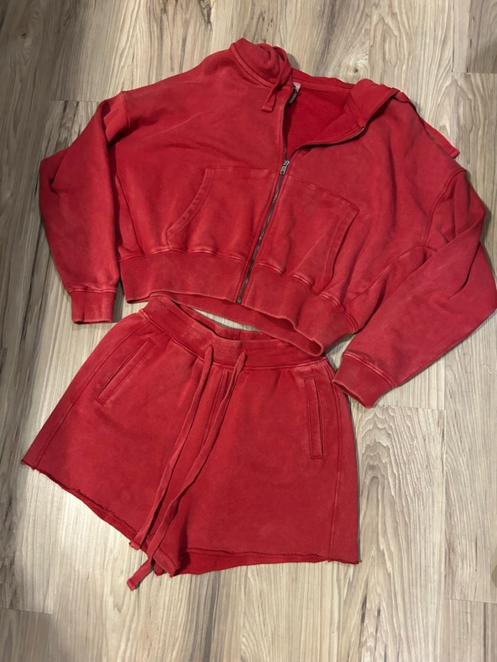 Red-Washed Zip-Up Cropped Hoodie and Drawstring Short Set